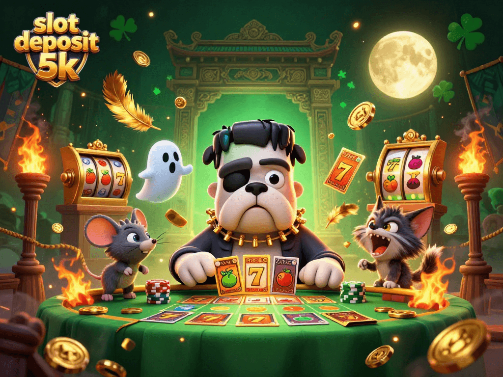 Experience thrilling action with slot deposit 5k as characters deal cards at a spooky table.