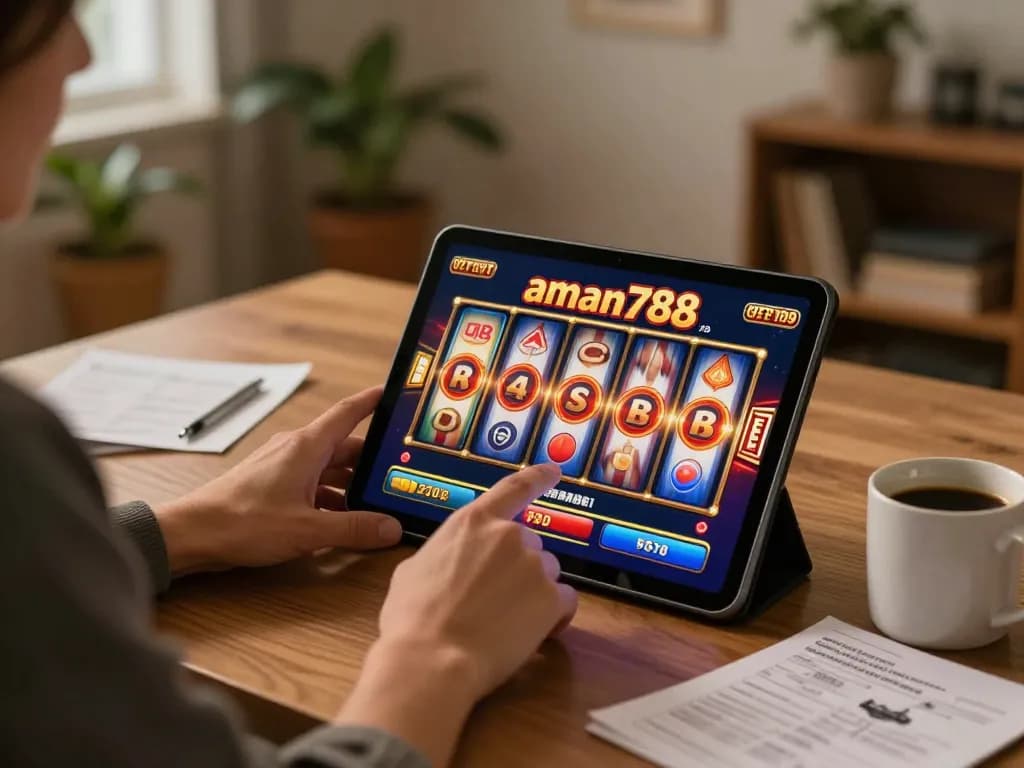 Terlibat dengan permainan slot aman788 secara online, menampilkan pengaturan permainan di rumah yang nyaman dengan tablet dan catatan strategi.