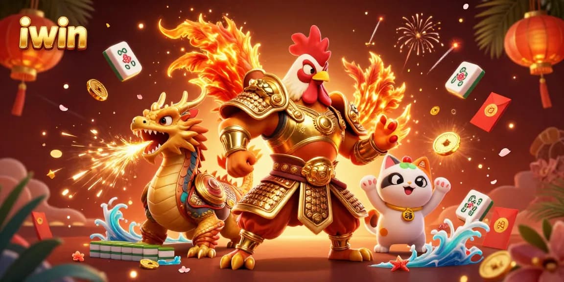 Winning strategies at iwin with a dynamic casino scene featuring a rooster warrior and dragon hatchling.