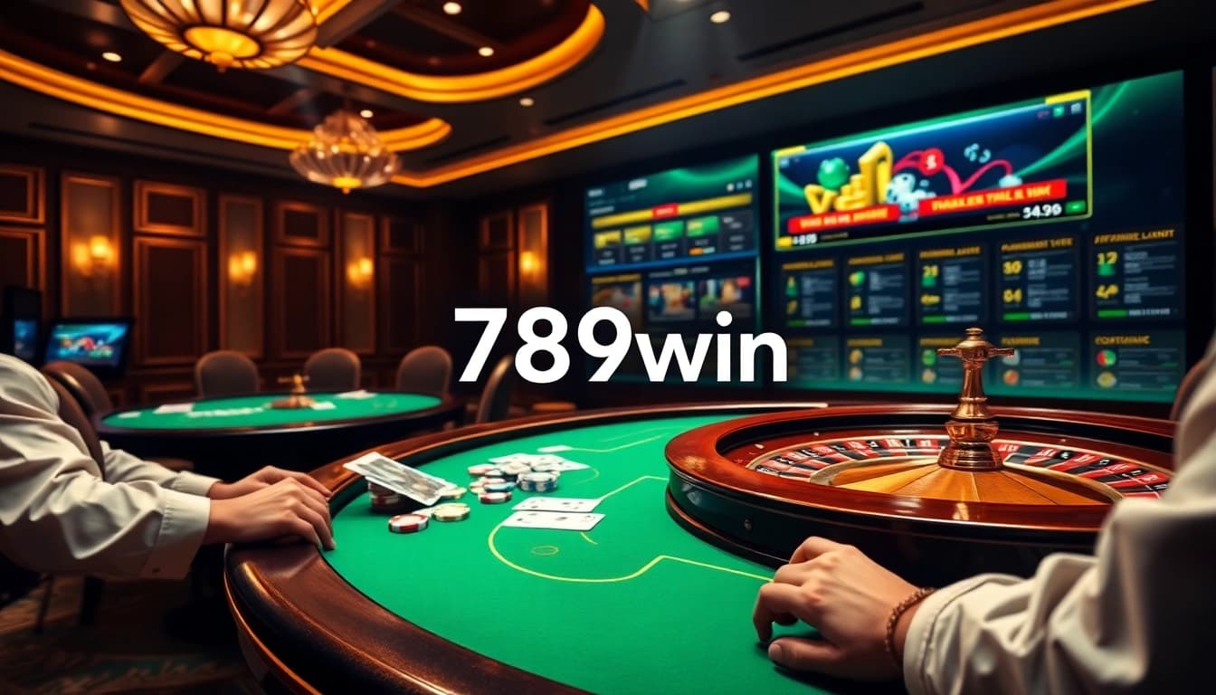 Experience the thrill of 789win in a luxurious casino setting with poker chips and roulette wheels.