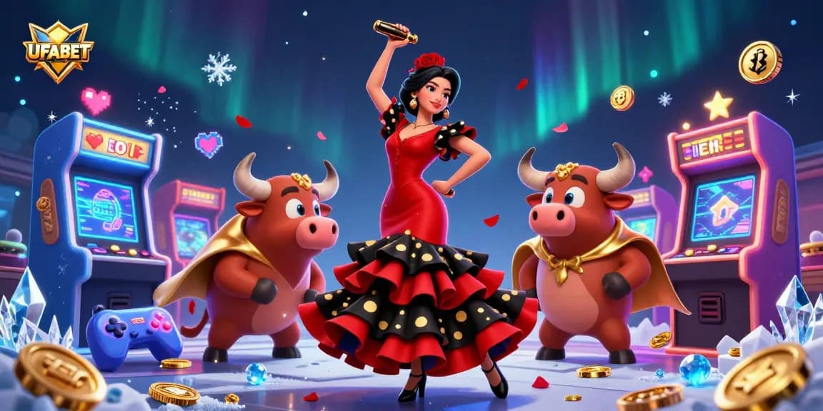 Win big at UFABET with an enchanting casino illustration featuring vibrant game elements and dynamic characters.