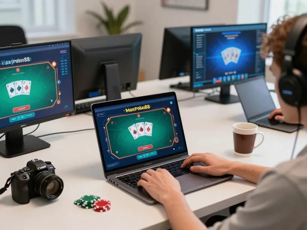 Engaged player using maxpoker88 online poker interface on a sleek laptop in a vibrant gaming setup.