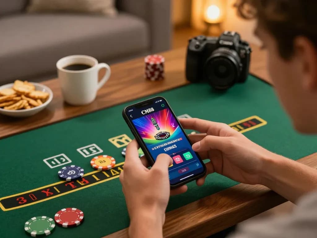 Player engaging with CM88 casino app while enjoying a live dealer blackjack game at home.