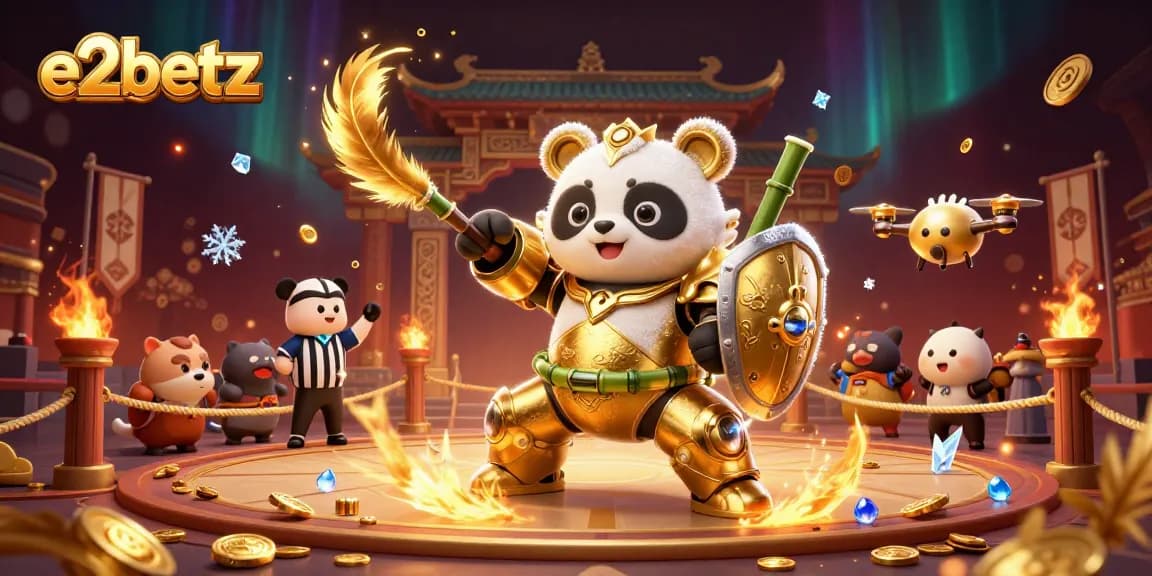 Engage with thrilling action at e2betz featuring a golden panda in a mech-suit with dynamic gambling elements.