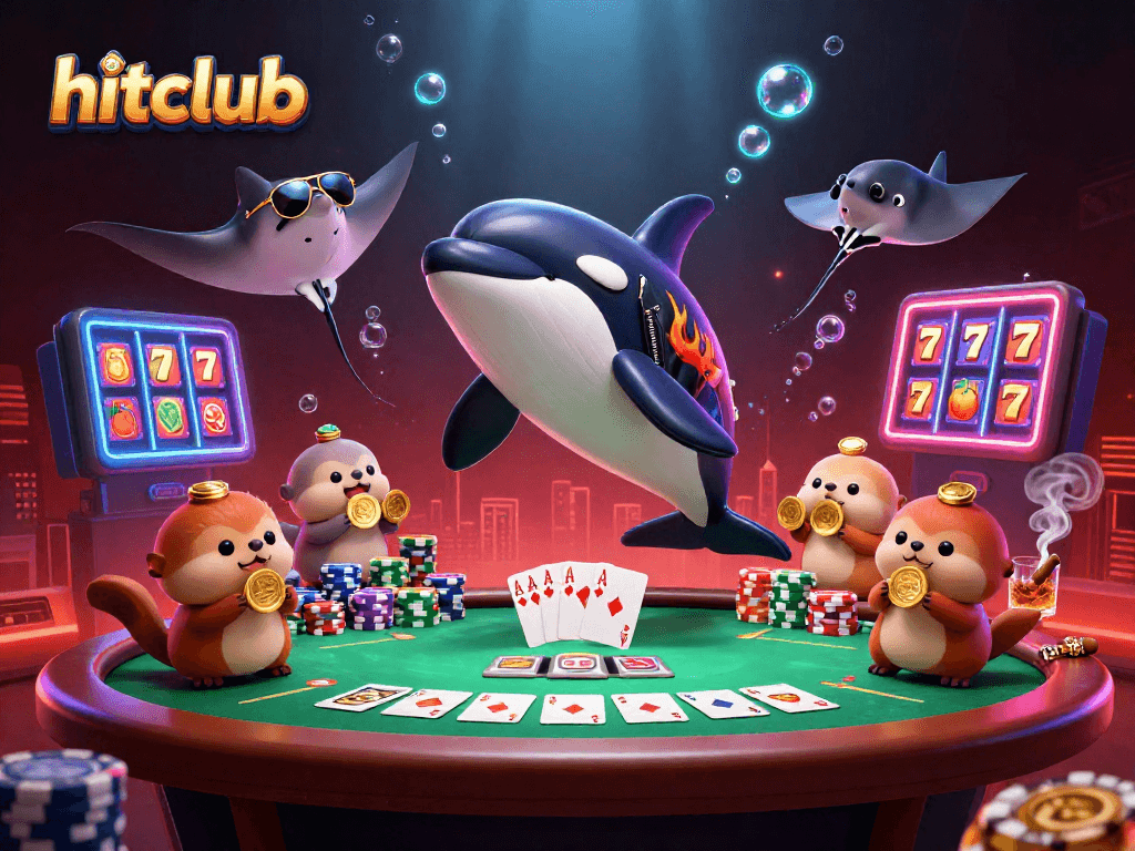 Hitclub brings a thrilling 3D illustration of an orca whale and friends engaging in a vibrant poker scene.
