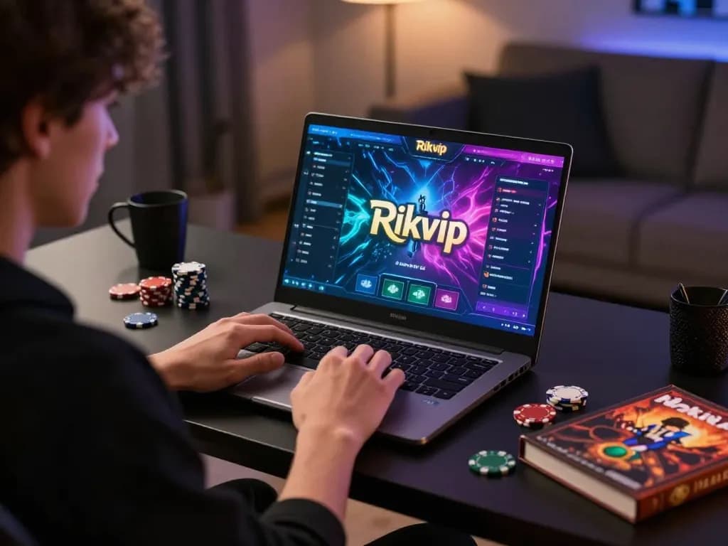 Rikvip gaming experience featuring a player engaging with the online platform on a laptop in a stylish home setting