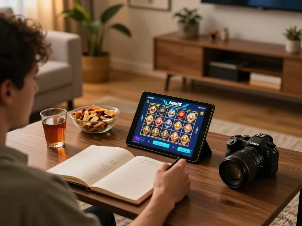Seseorang yang bermain game slot online aman788 di tablet dalam suasana rumah yang nyaman, menunjukkan atmosfer permainan yang santai.