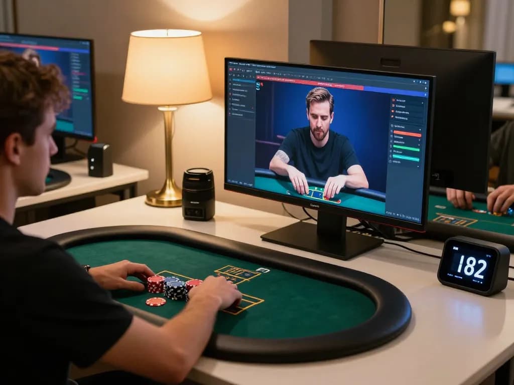 A focused gamer analyzing strategies on aman788 during an online poker session with a professional setup.