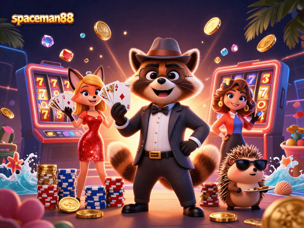 Spaceman88 spins luck with vibrant slot reels and a royal flush in action.