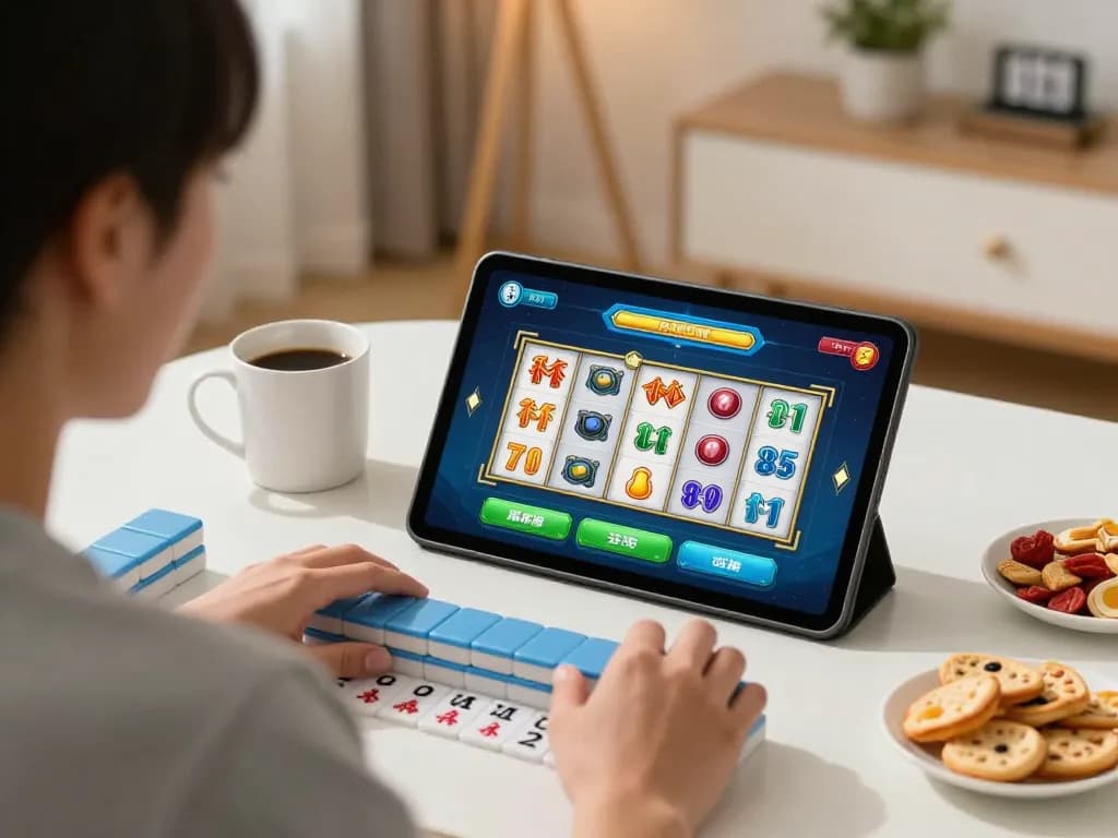 Engaging in slot mahjong gameplay on a tablet, showcasing strategic online gambling.