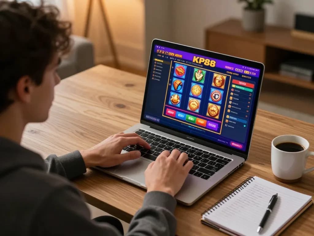 KP88 user engaging with online casino gameplay, showcasing a vibrant home gaming setup.