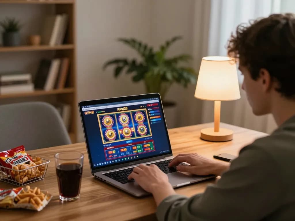 Play slots and win at king33 in a cozy home gaming setup.