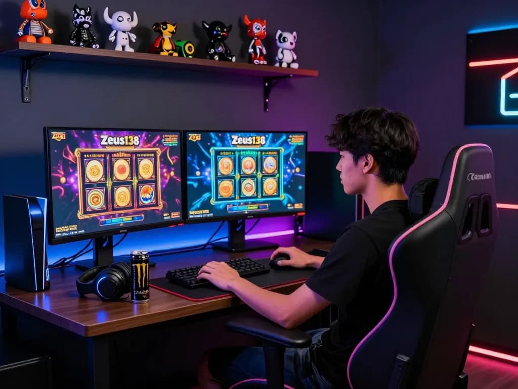 Engaging gaming setup featuring Zeus138 slot games displayed on dual monitors, showcasing vibrant graphics and gaming gear.