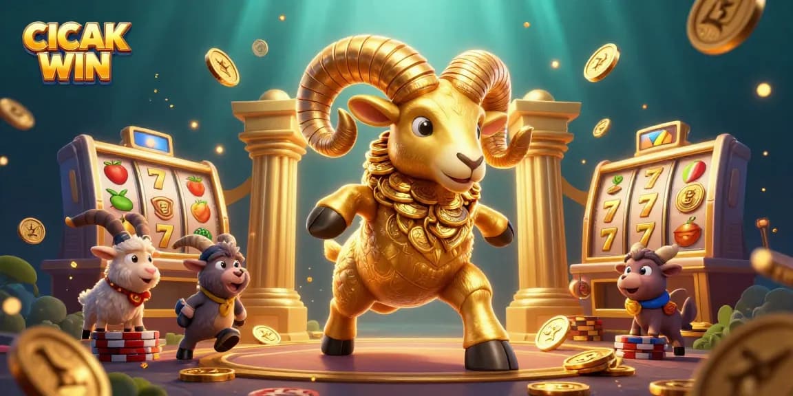 CICAK WIN ignites excitement with a golden ram charging through a vibrant casino scene packed with slots and symbols.