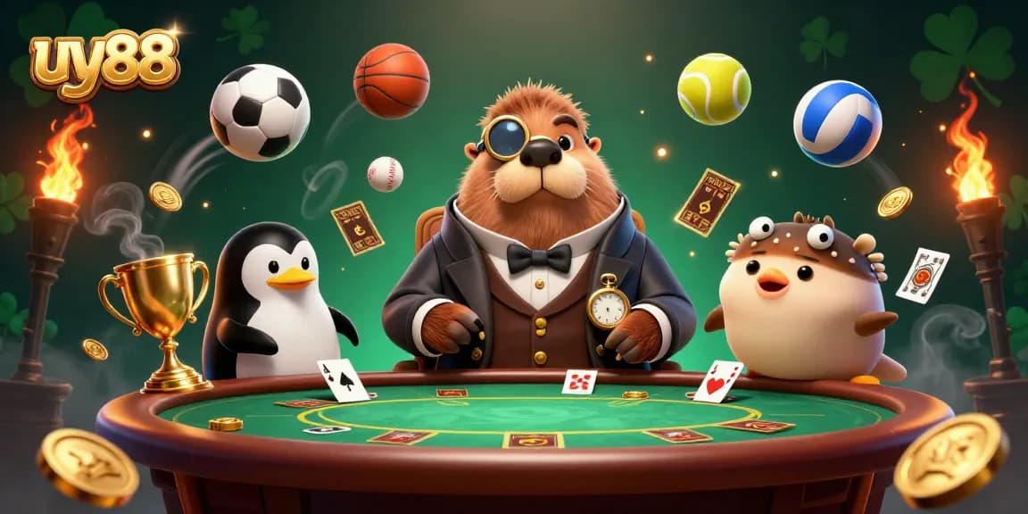 Experience thrilling betting action at uy88 featuring a jolly walrus and friends in a lively underwater poker game.