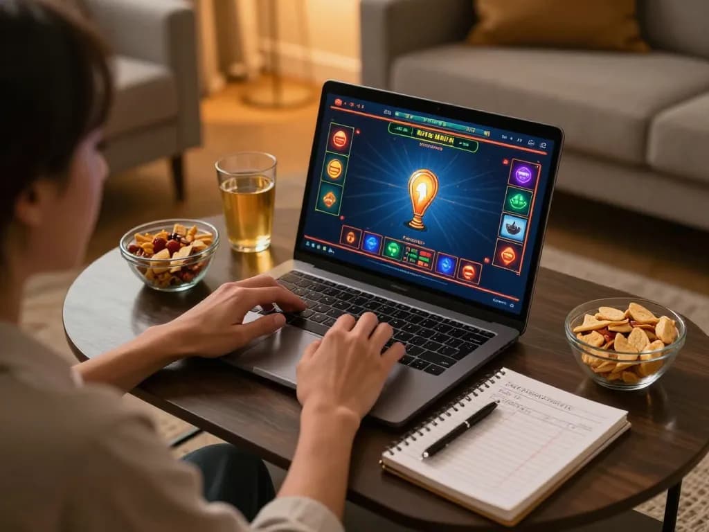 Engaged gamer using f8betlv online platform on a laptop, surrounded by snacks and betting notes.