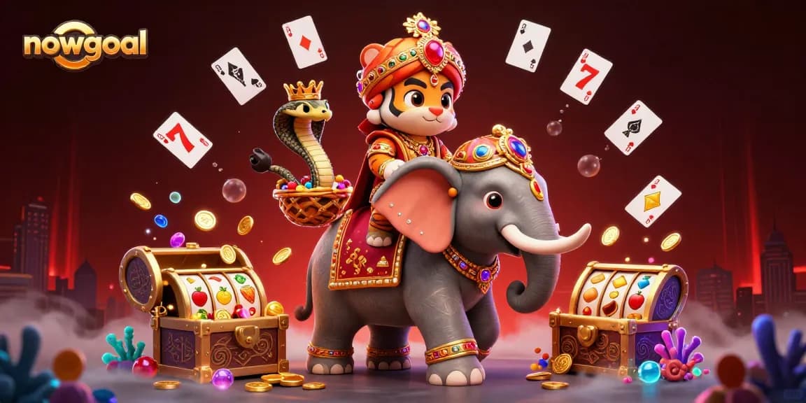 Nowgoal's vibrant 3D scene showcases a colorful casino illustration, featuring winning slot reels and a victorious atmosphere.