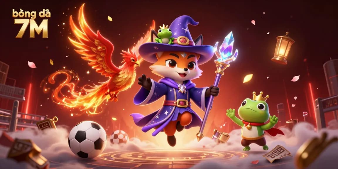 Bóng đá 7M delivers real-time betting odds and scores amid colorful sports-themed elements.