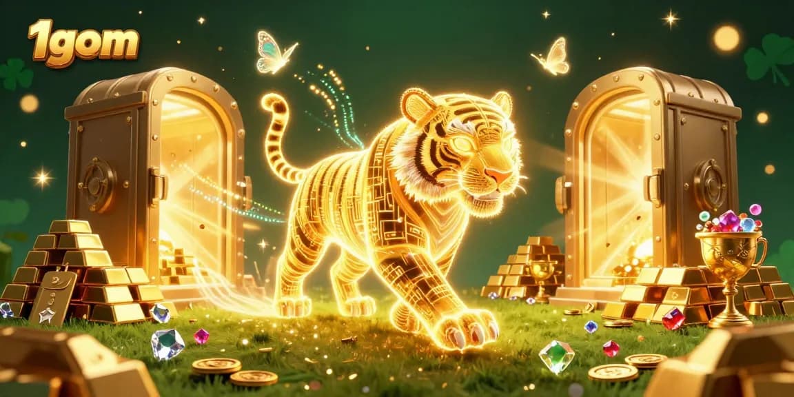 Engage with 1gom's thrilling sports betting scene featuring a golden tiger and holographic butterflies.