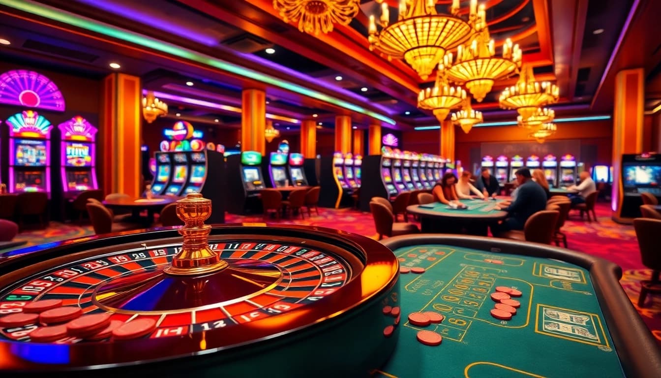 Engaging casino scene highlighting mmoo with players at poker and roulette tables under elegant lighting.