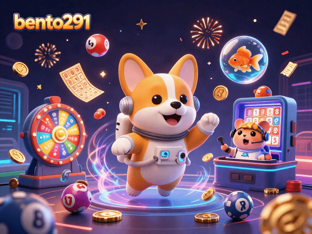 Bento291 showcases an energetic space casino with an astronaut corgi amidst colorful lottery balls and glimmering golden prizes.