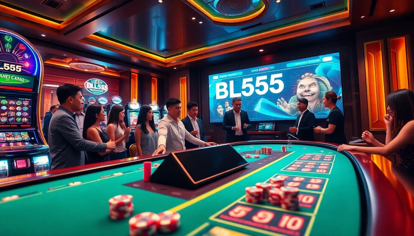 Engaging scene at nhà cái BL555 with players at a casino table while showcasing vibrant games and digital interaction.