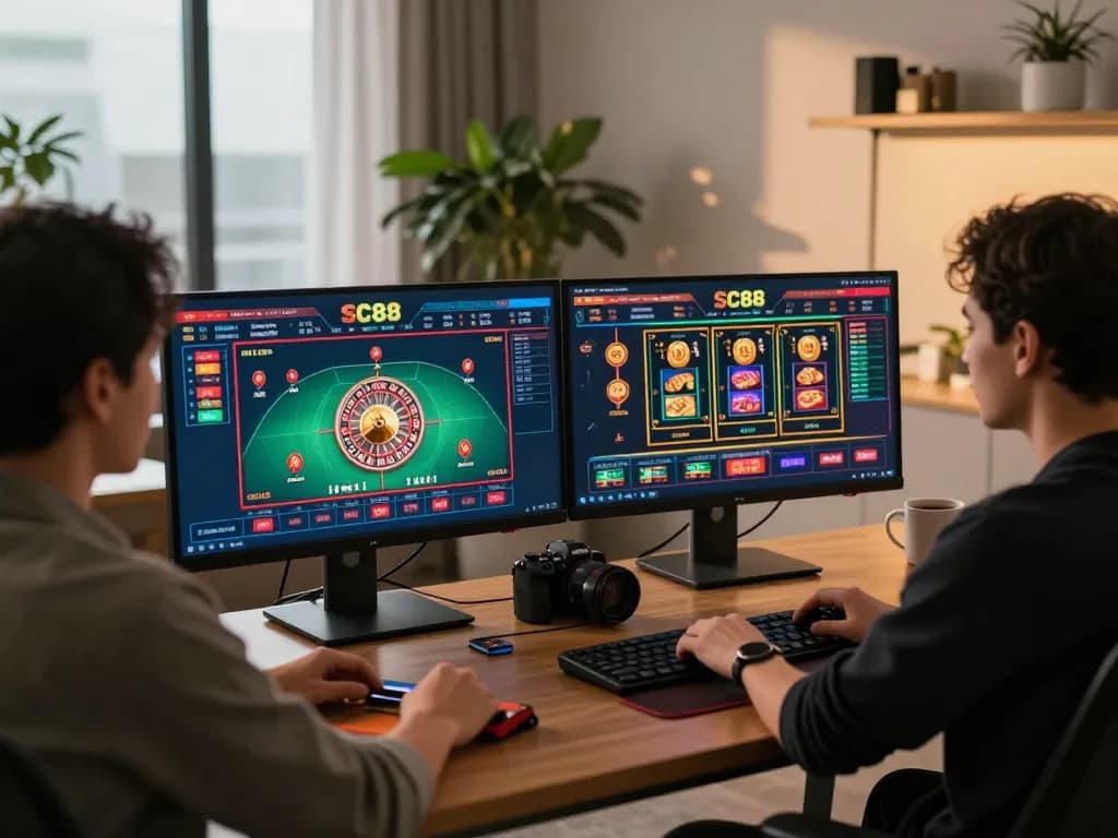 Player enjoys SC88 games in a stylish home office setup, engaging with online casino technology.