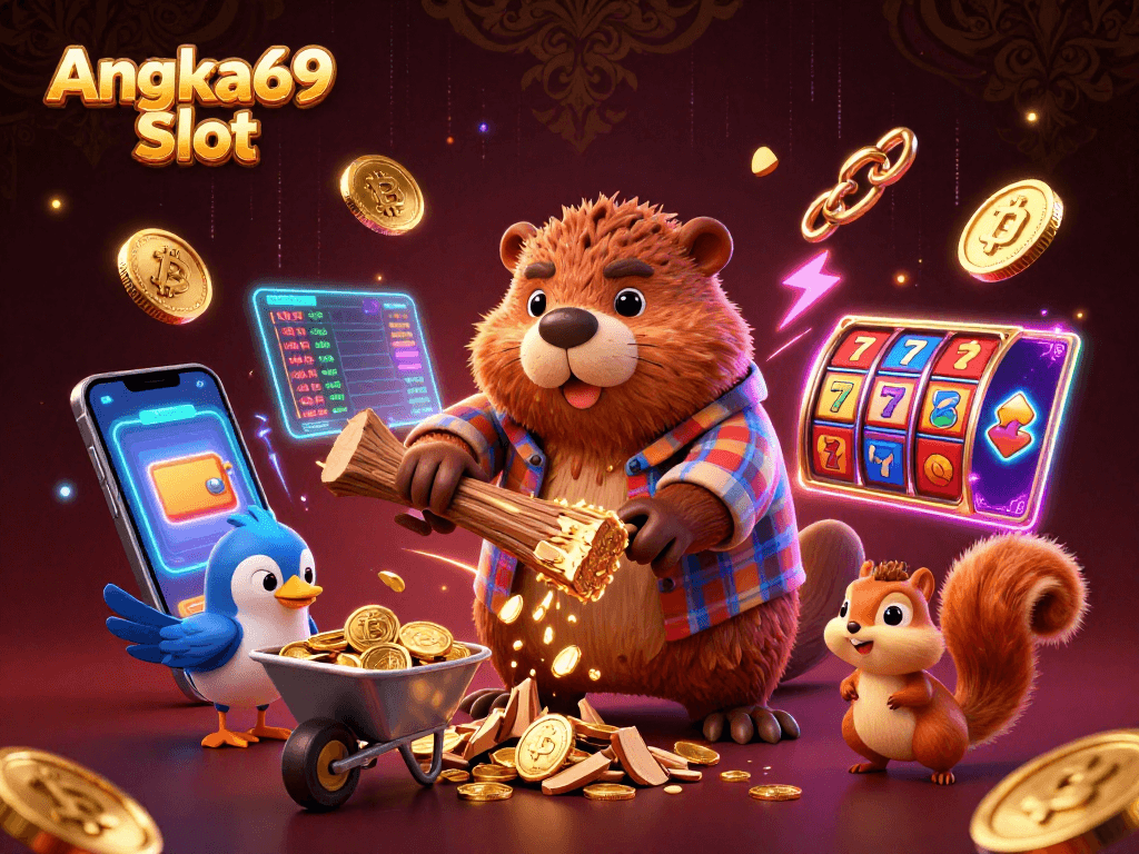 Spin to win at Angka69 Slot with a beaver collecting golden coins in a dynamic casino scene.
