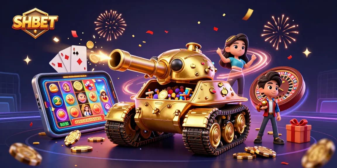 Engage with the SH BET casino experience featuring a dynamic golden beetle tank with a mobile slot game.