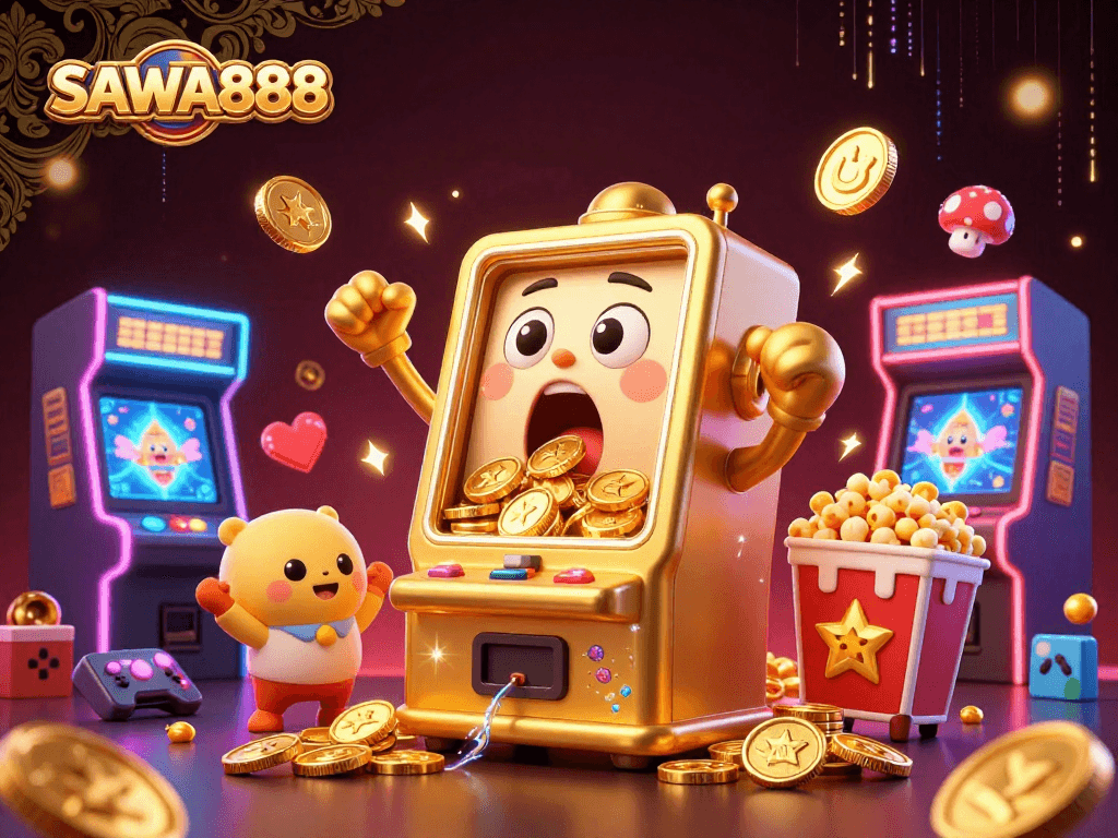 Experience the excitement of SAWA888 with a golden slot machine hitting the jackpot surrounded by cheering companions and arcade elements.