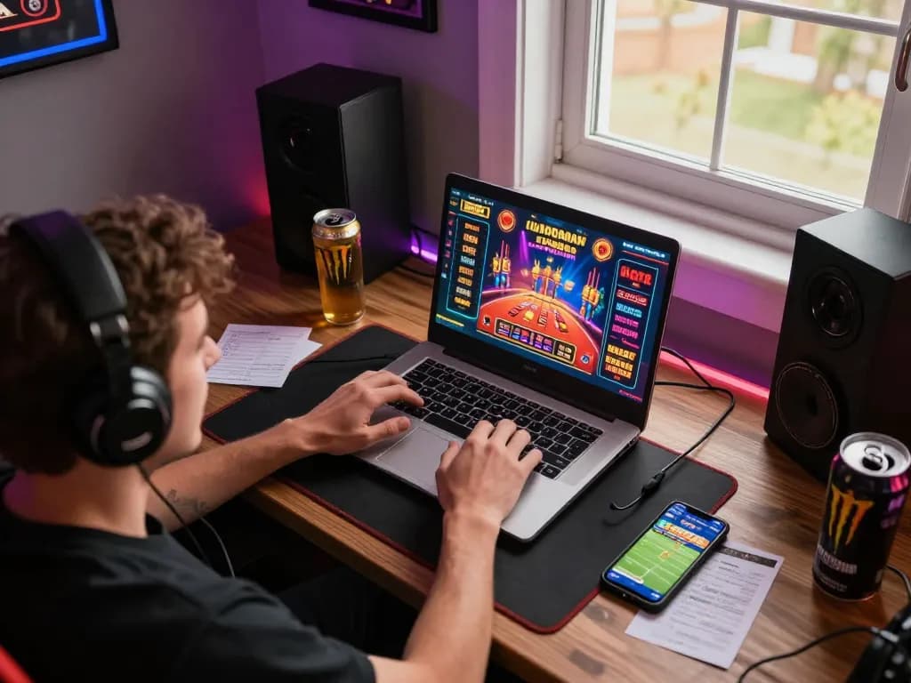 Player engaging with 388bet online casino on laptop, showcasing vibrant gaming interface and strategic betting.