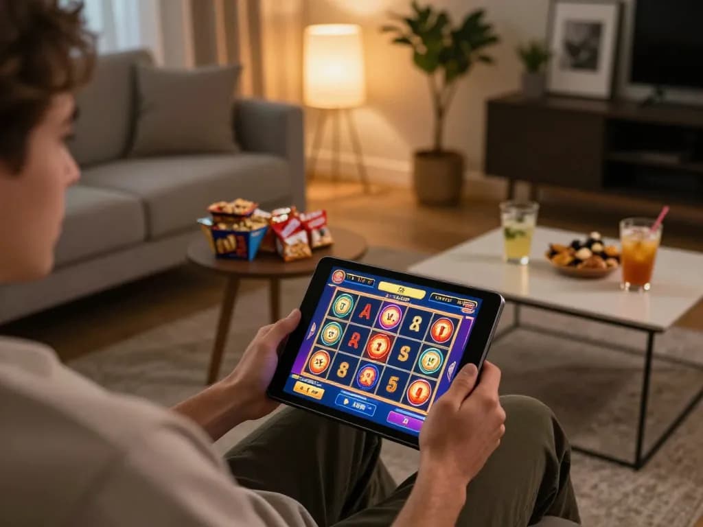 Kuwin online player engaging with vibrant slot game interface on tablet from cozy home setting