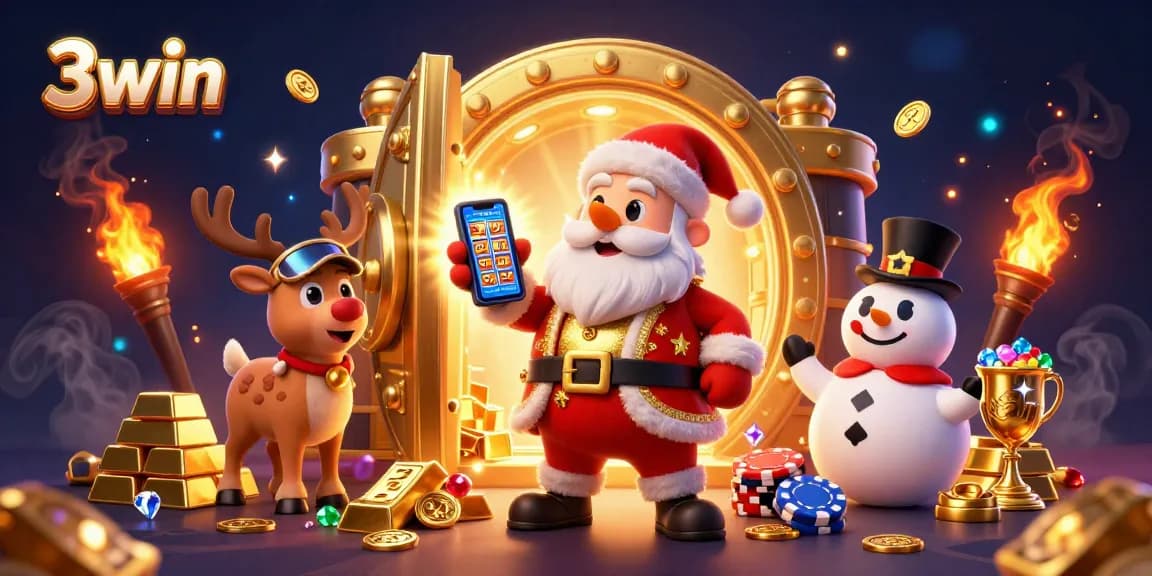 Experience the thrill of winning with 3win in a vibrant casino illustration featuring Santa and friends.