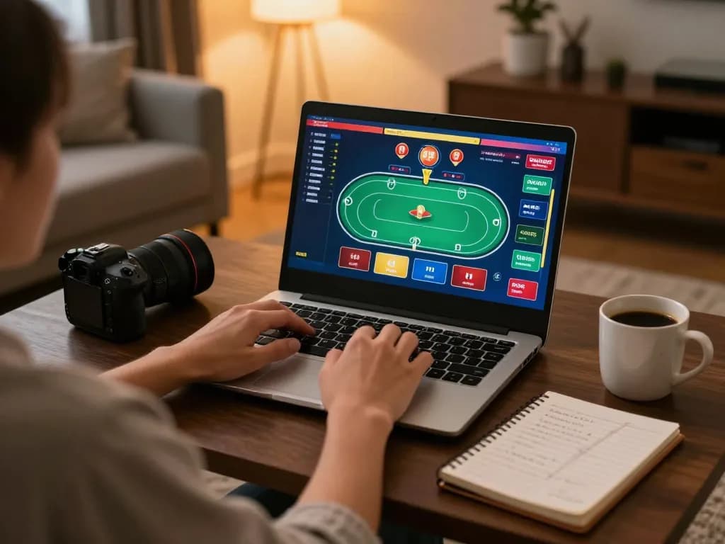 Engaged player exploring online USA casinos while strategizing poker bets at home.