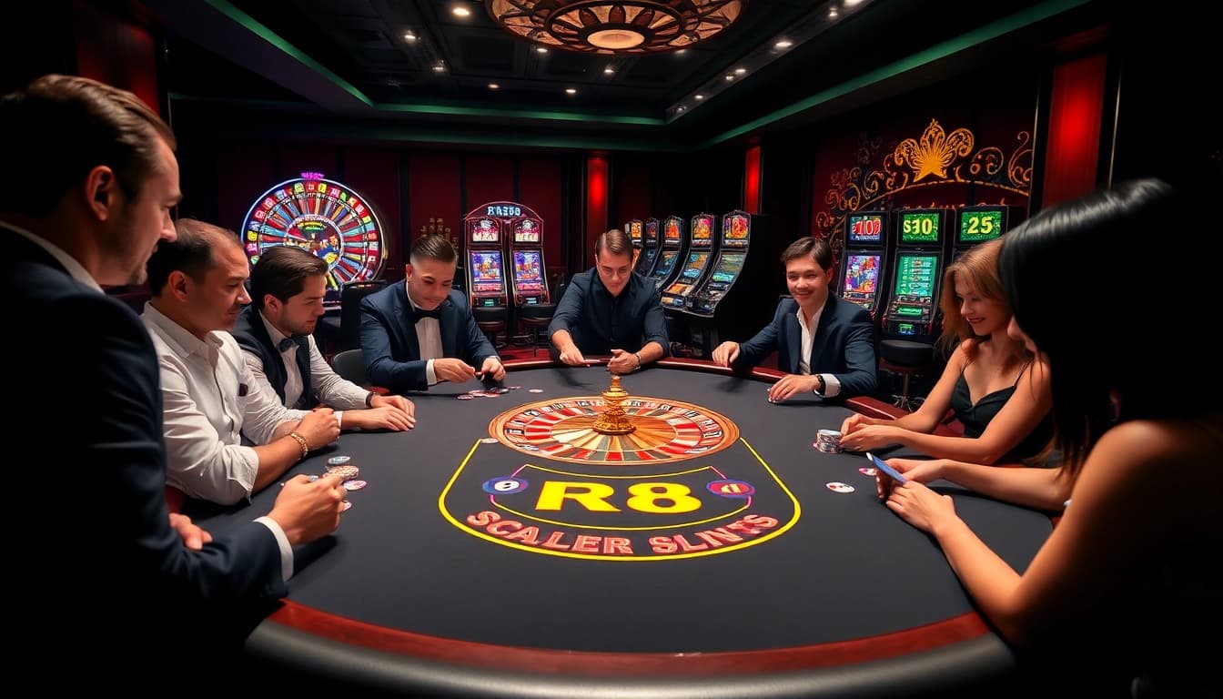 Experience the excitement of RR88 at a luxurious casino gaming table with cards and chips.