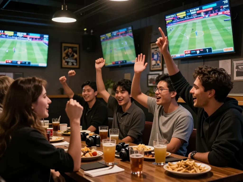 Group celebrating a win while betting on BK8 at a lively sports bar.