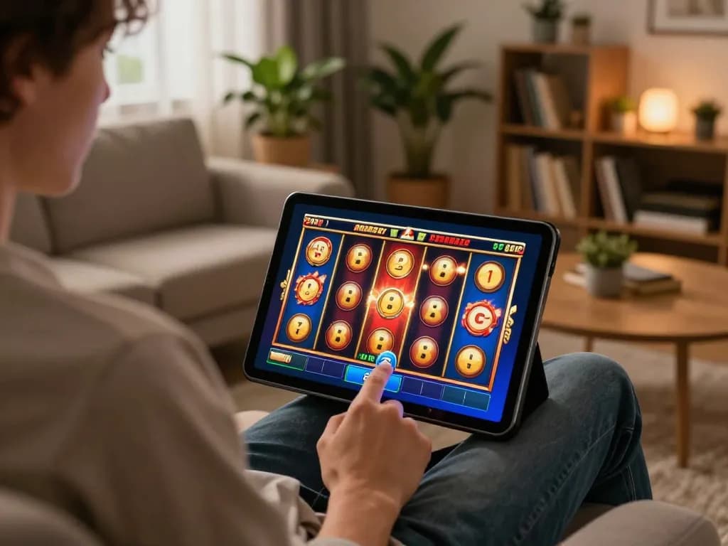 Pemain yang terlibat di rumah saat hargatoto login, fokus pada permainan slot online yang menarik di layar tablet.