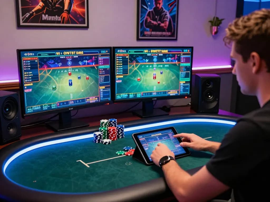Engaging online poker scene featuring MPOSPORT with modern gaming setup and vibrant atmosphere.