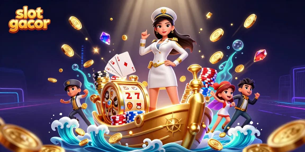Experience the thrill of slot gacor with a dynamic 3D illustration featuring a commanding figure and casino elements.