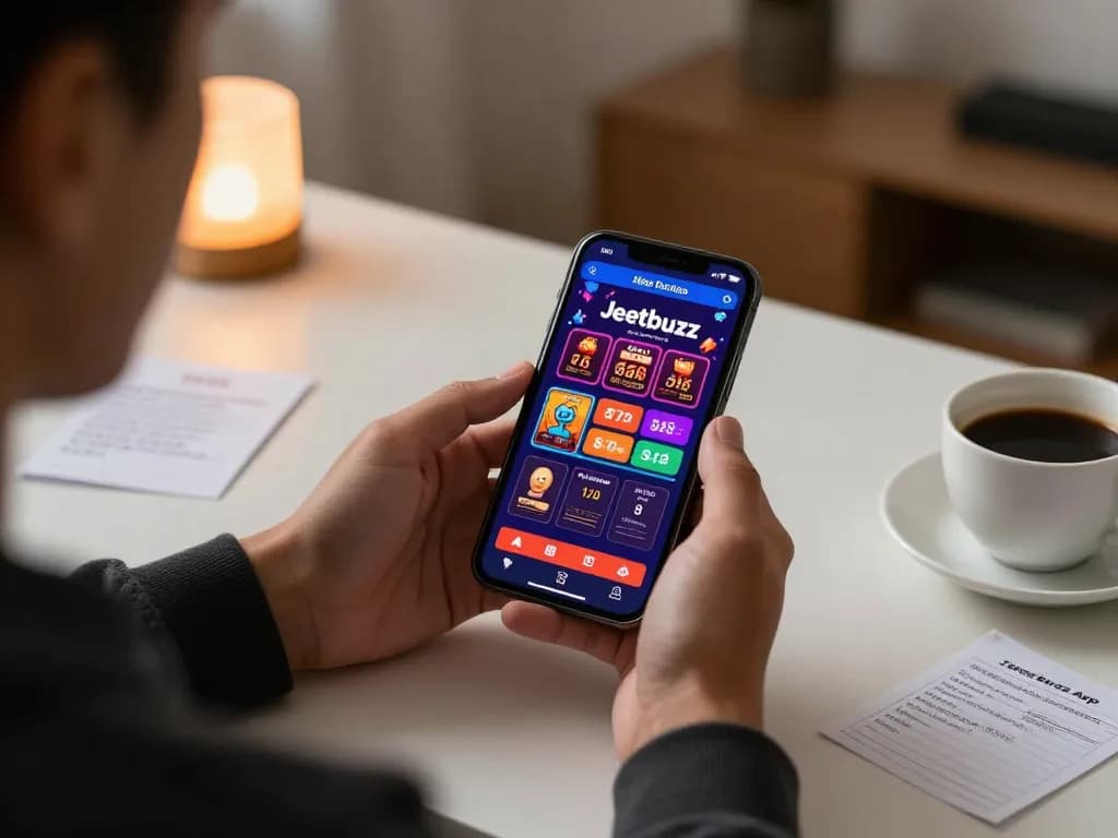 Engage with the Jeetbuzz App for mobile casino gaming on a stylish desk, showcasing vibrant graphics and betting notes.