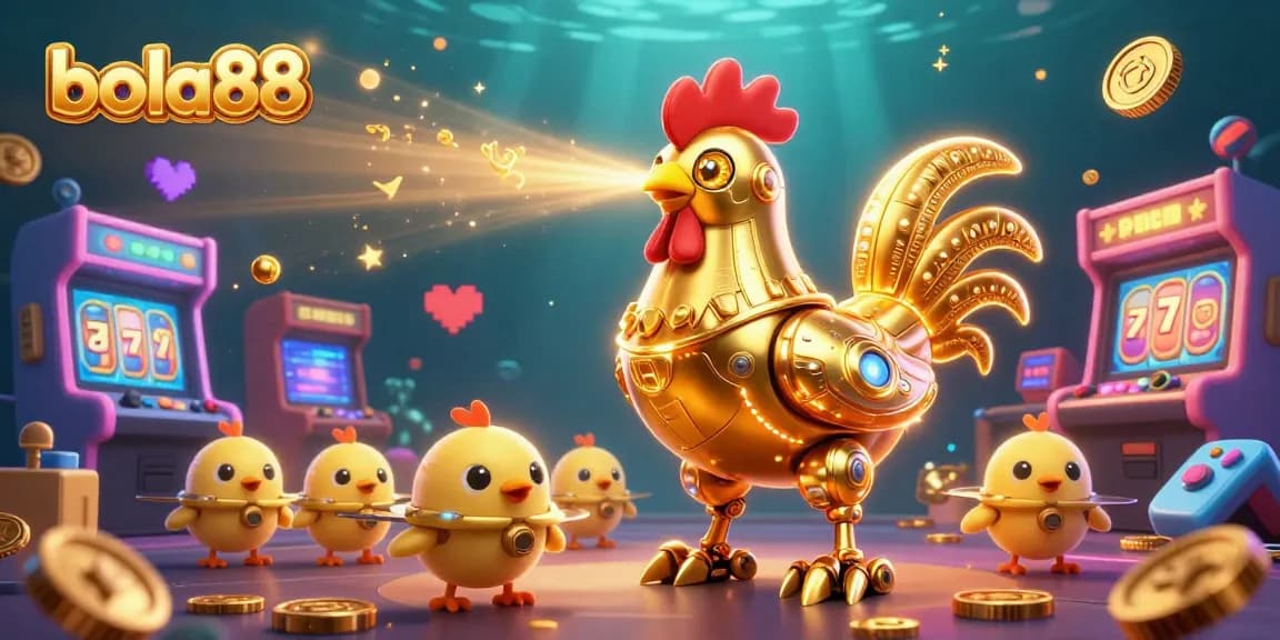 Bola88 features a golden rooster robot and baby chick drones amidst vibrant casino scenes, showcasing gaming excitement.