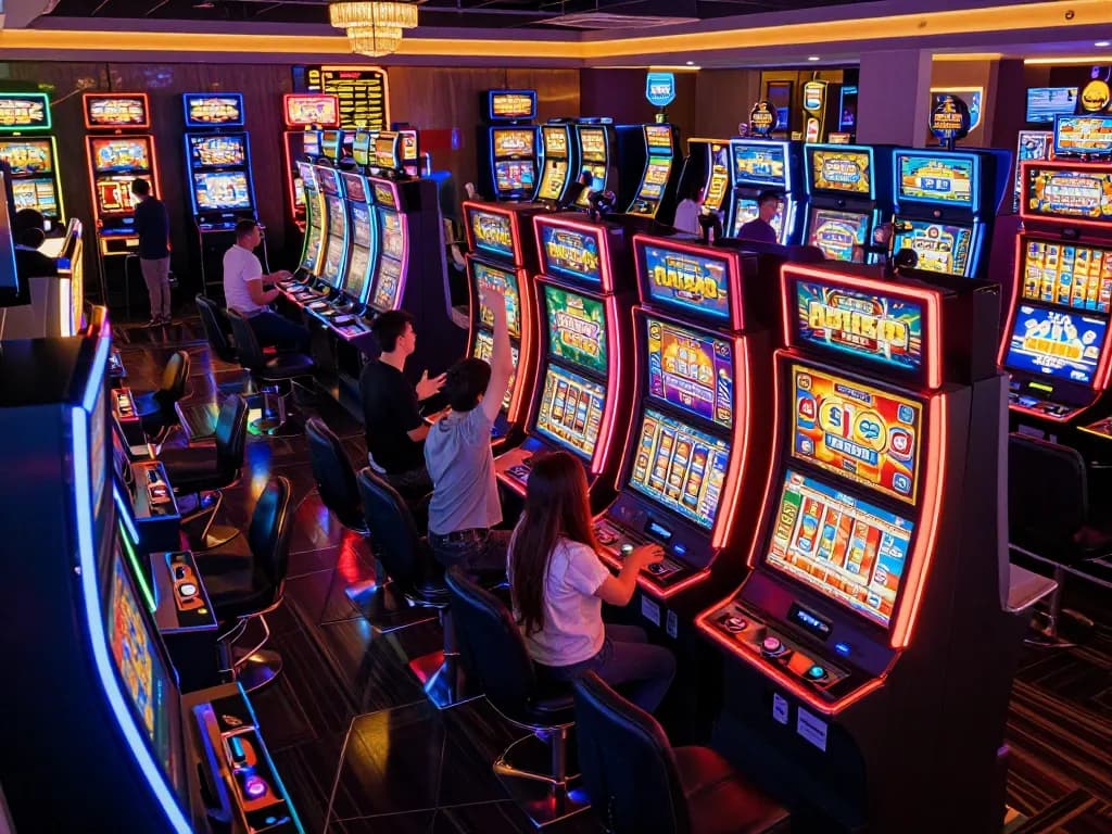 Players enjoying link slot games at a vibrant casino, celebrating wins and spinning reels with excitement.
