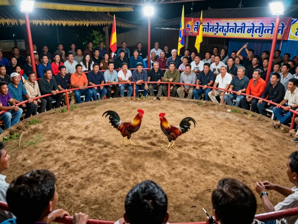 Cá đó đá gà thomo sự kiện đá gà trực tiếp hấp dẫn trong một đấu trường sôi động, thể hiện sự phấn khích và truyền thống văn hóa