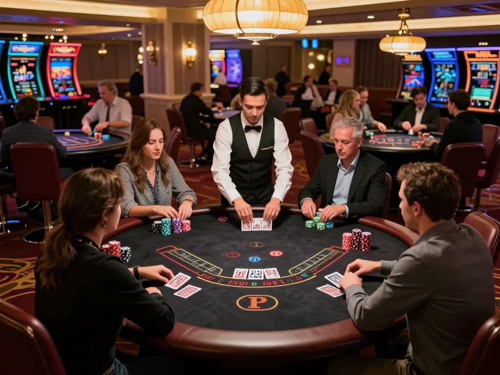 Players strategizing their next move at NK88's blackjack table in a luxury casino setting.