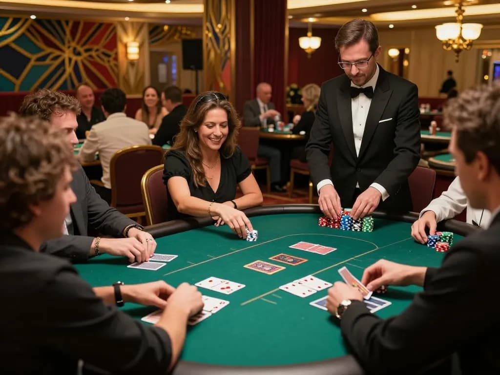 Pemain yang menikmati permainan di meja poker WOLES88 merayakan kemenangan mereka di kasino mewah.