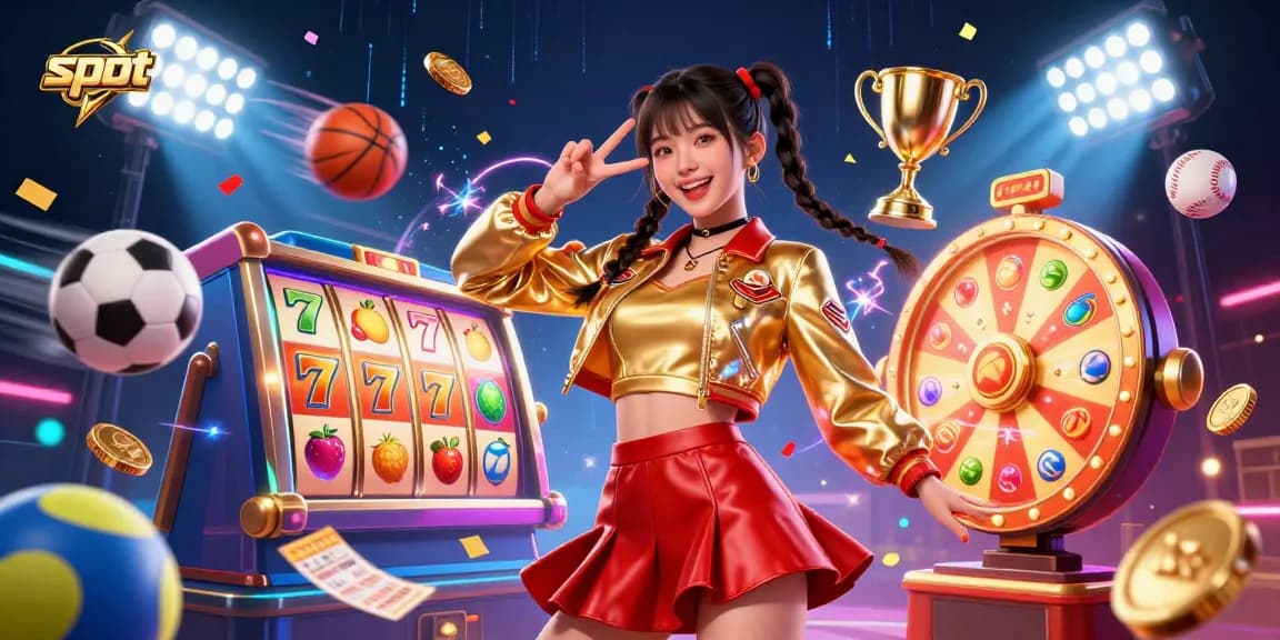Spin vibrant slot reels with a joyful Asian woman surrounded by lottery balls and sports elements.