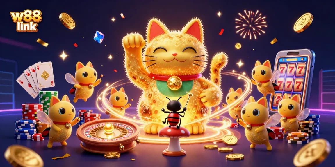 Experience the thrill of betting with W88 link, where a giant lucky cat welcomes players among a cascade of casino treasures.