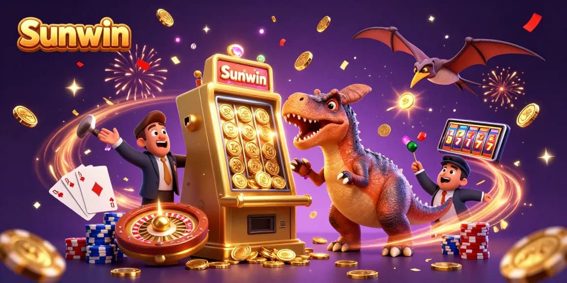 Sunwin slot machine jackpot scene with colorful coins and casino excitement.