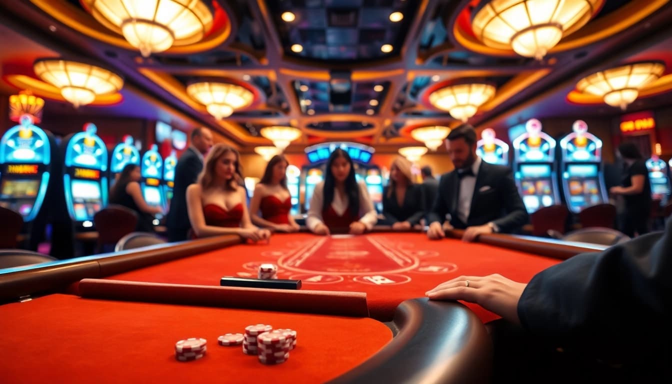 Menggambarkan situs toto dengan pemain kasino yang terlibat di meja permainan penuh warna.