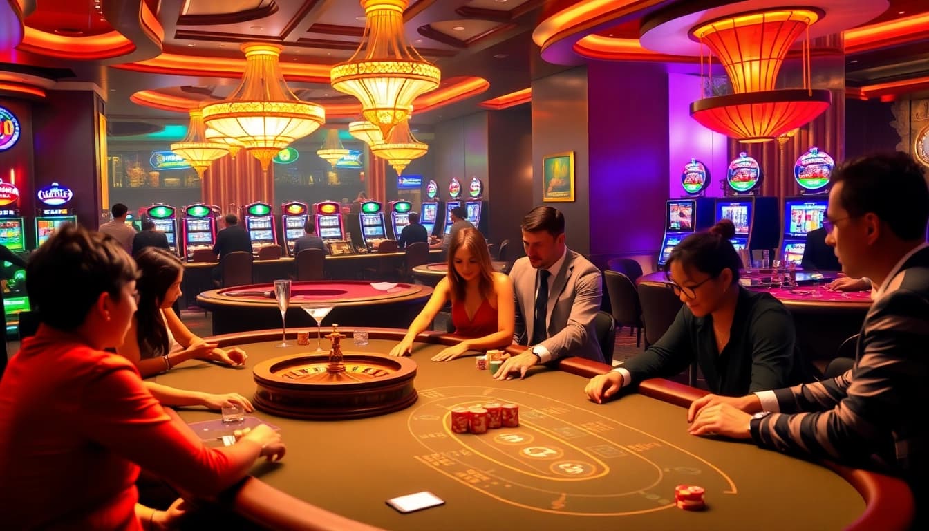 Experience high-stakes gaming at https://mb66-t.com/, featuring a luxurious casino environment with poker tables and vibrant games.